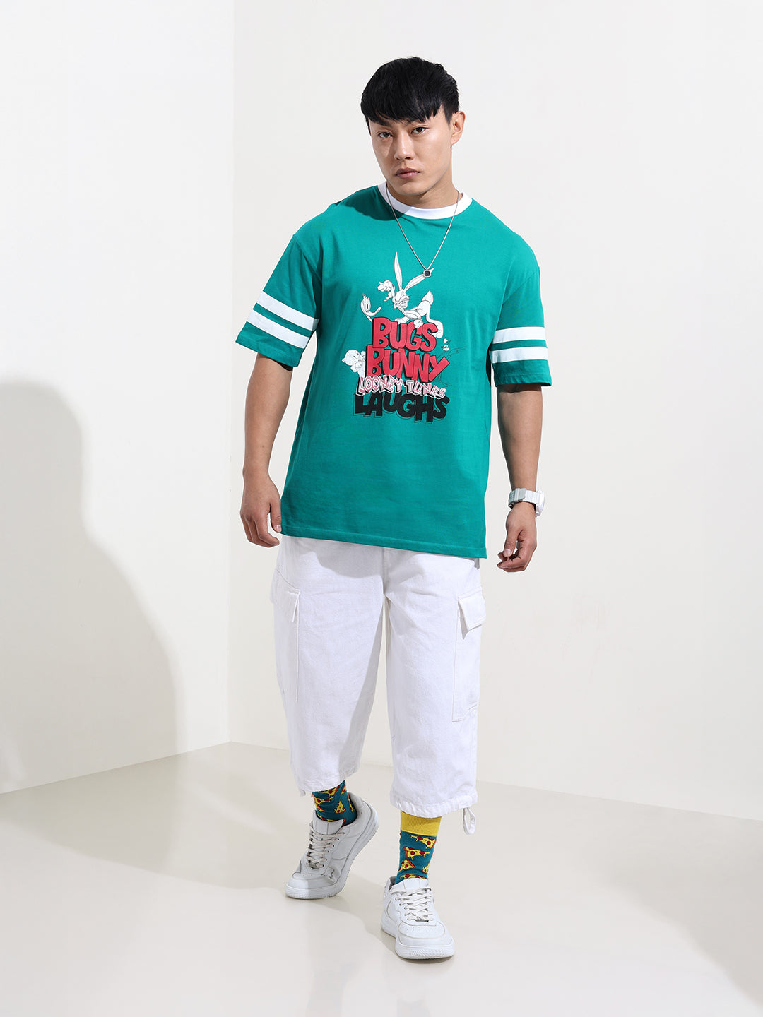 Men's Green Boxy Fit Character Bugs Bunny Printed Crew Neck T-Shirt