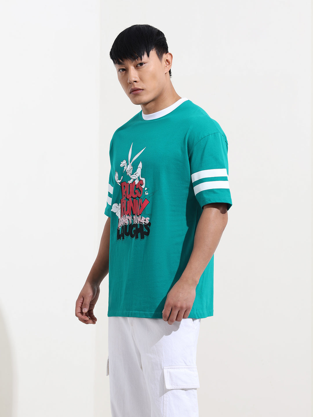 Men's Green Boxy Fit Character Bugs Bunny Printed Crew Neck T-Shirt