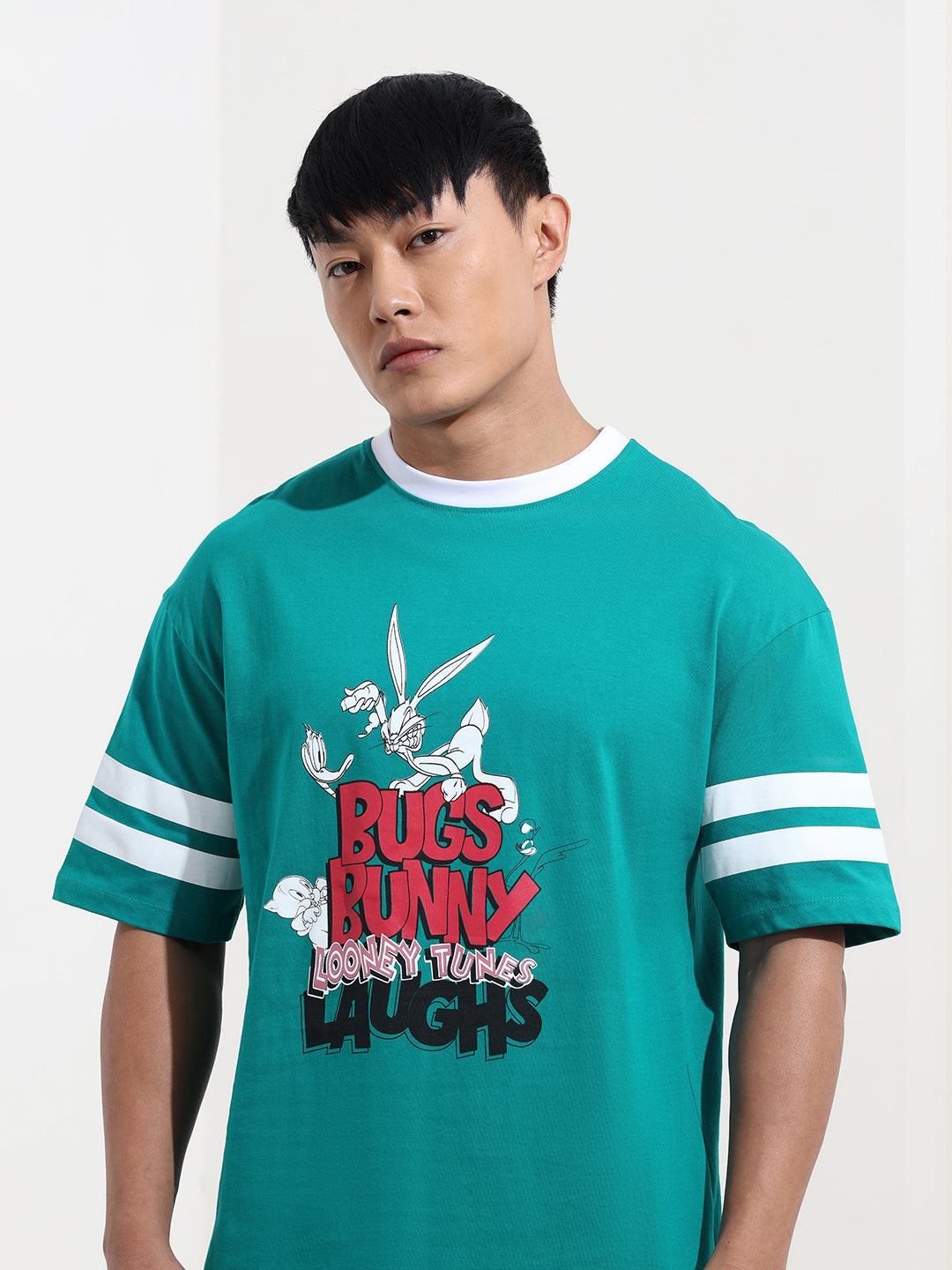 Men's Green Boxy Fit Character Bugs Bunny Printed Crew Neck T-Shirt