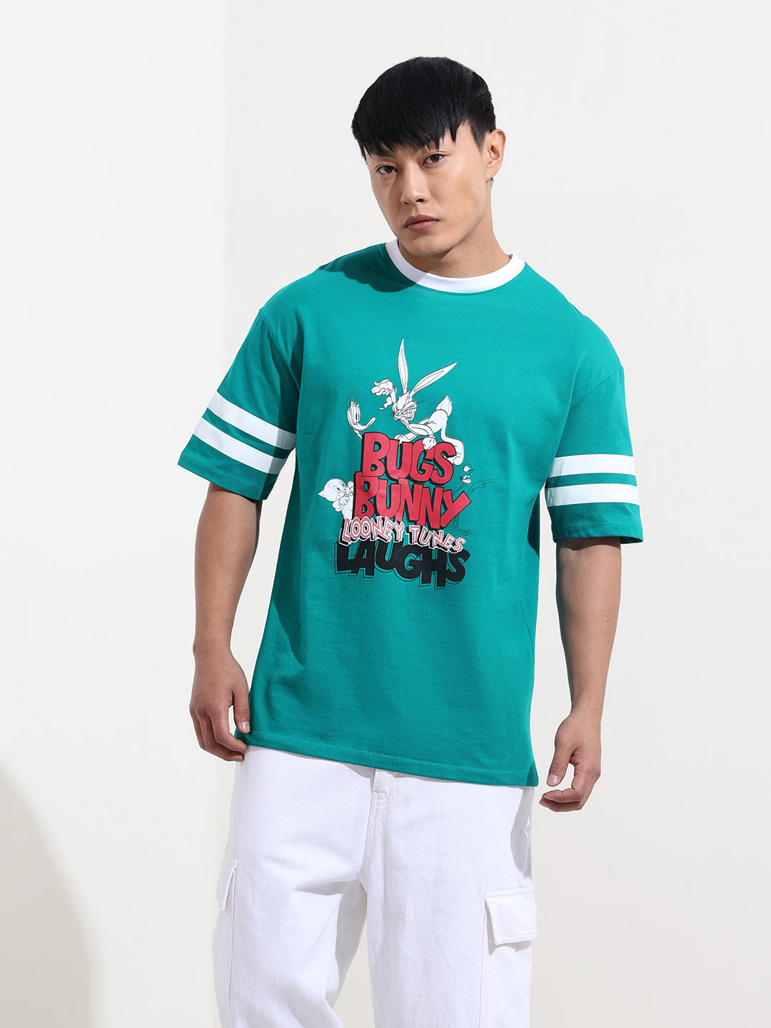 Men's Green Boxy Fit Character Bugs Bunny Printed Crew Neck T-Shirt