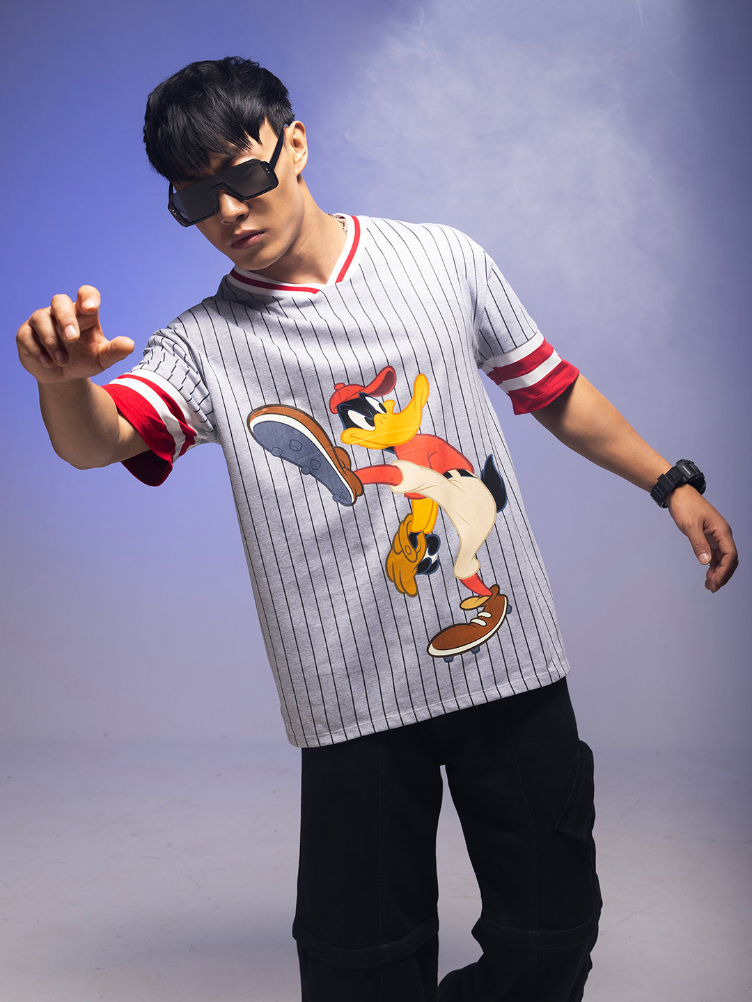 Men's Grey Boxy Fit Cartoon Character Printed V-Neck T-Shirt