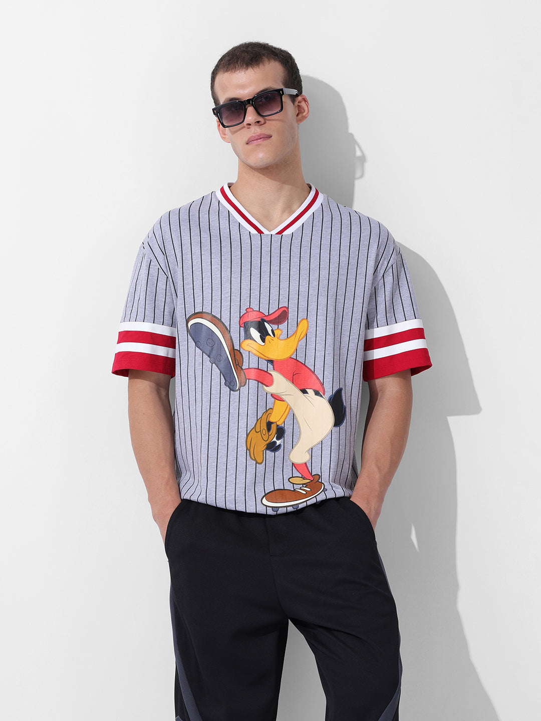 Men's Grey Boxy Fit Cartoon Character Printed V-Neck T-Shirt