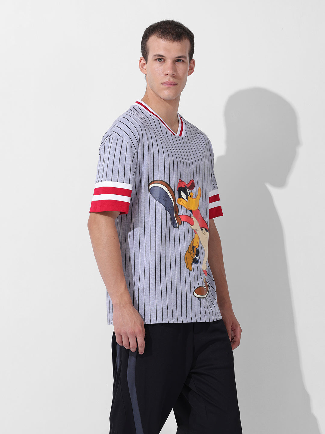 Men's Grey Boxy Fit Cartoon Character Printed V-Neck T-Shirt