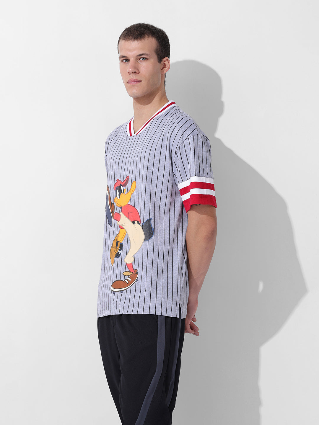 Men's Grey Boxy Fit Cartoon Character Printed V-Neck T-Shirt