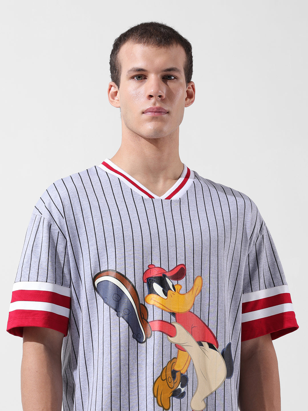 Men's Grey Boxy Fit Cartoon Character Printed V-Neck T-Shirt