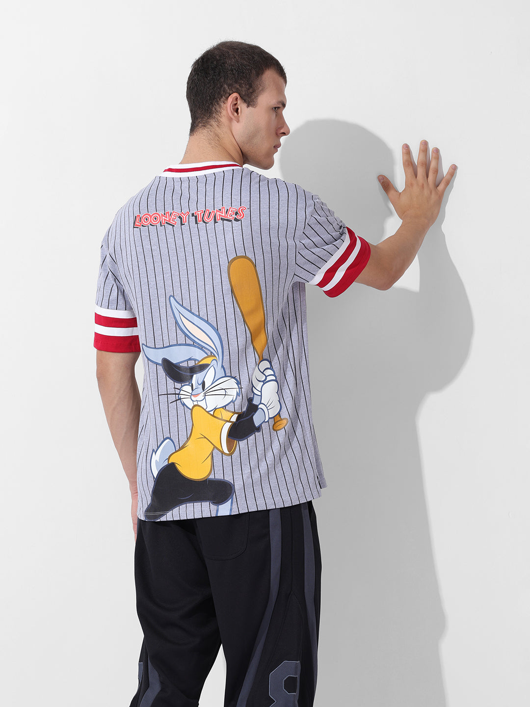 Men's Grey Boxy Fit Cartoon Character Printed V-Neck T-Shirt