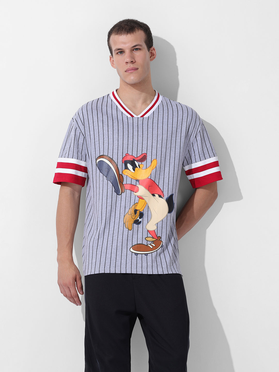 Men's Grey Boxy Fit Cartoon Character Printed V-Neck T-Shirt
