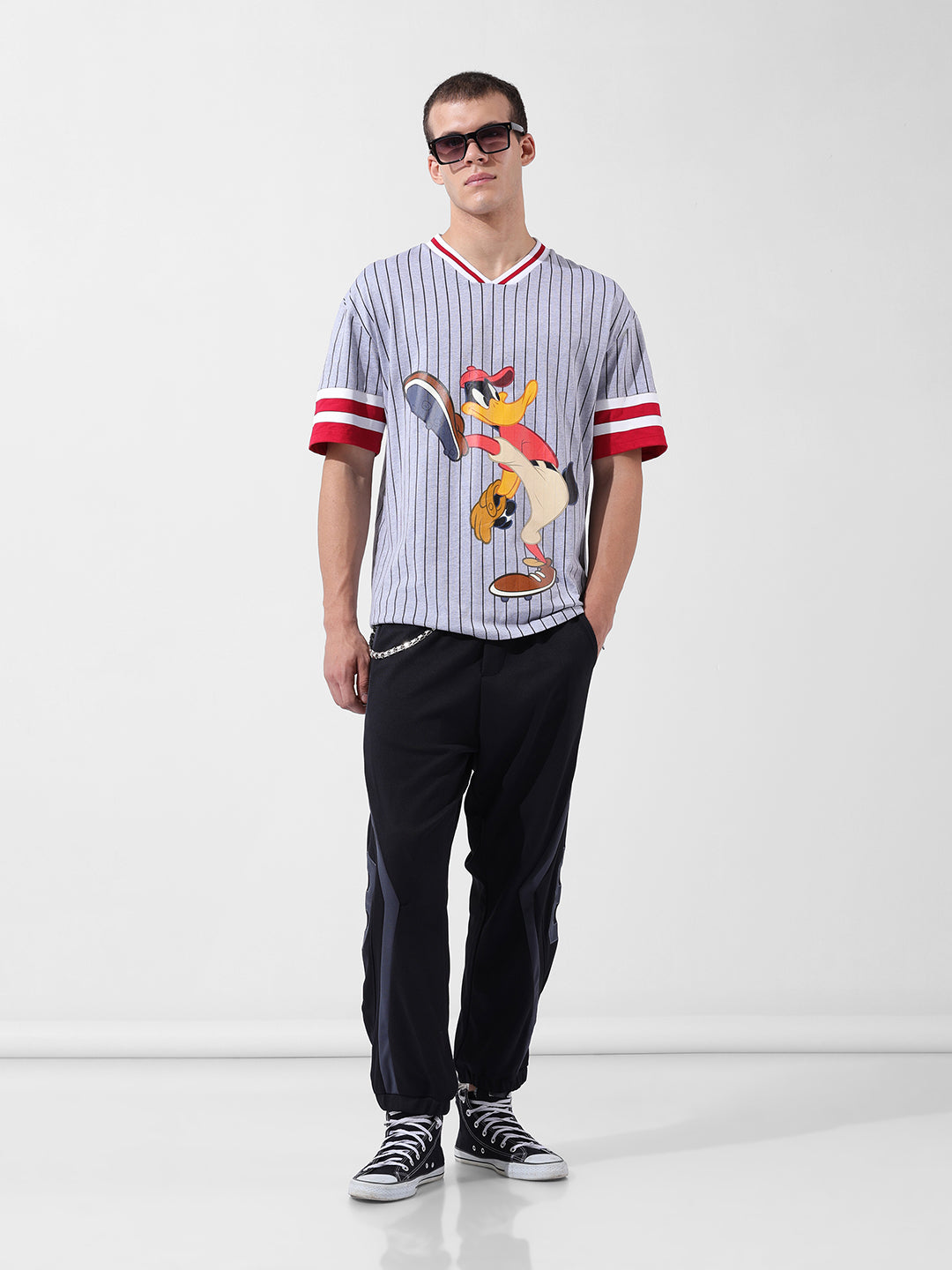 Men's Grey Boxy Fit Cartoon Character Printed V-Neck T-Shirt