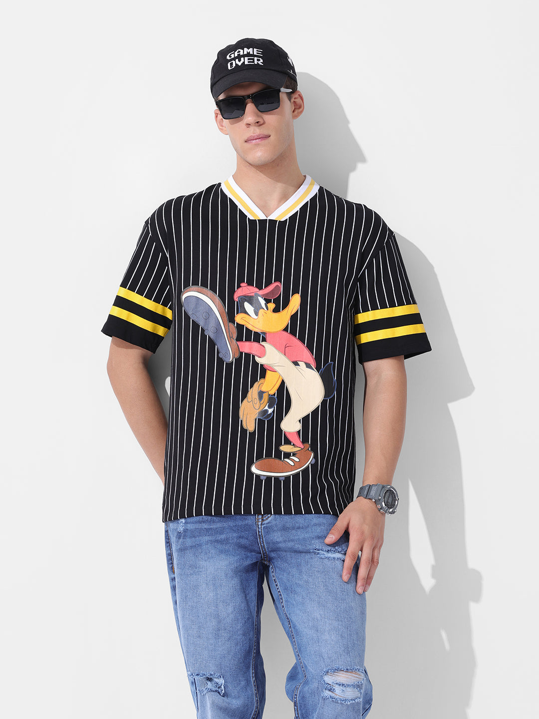 Men's Black Boxy Fit Cartoon Character Printed V-Neck T-Shirt