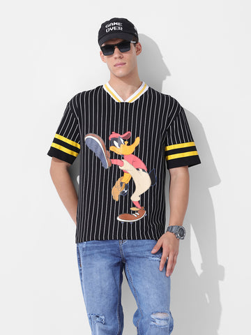 Men's Black Boxy Fit Cartoon Character Printed V-Neck T-Shirt