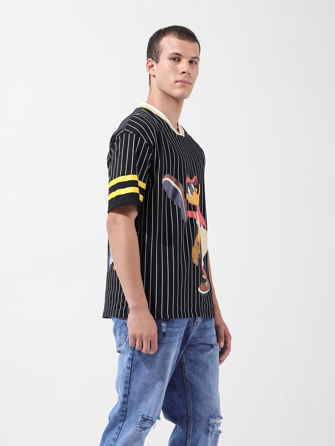 Men's Black Boxy Fit Cartoon Character Printed V-Neck T-Shirt