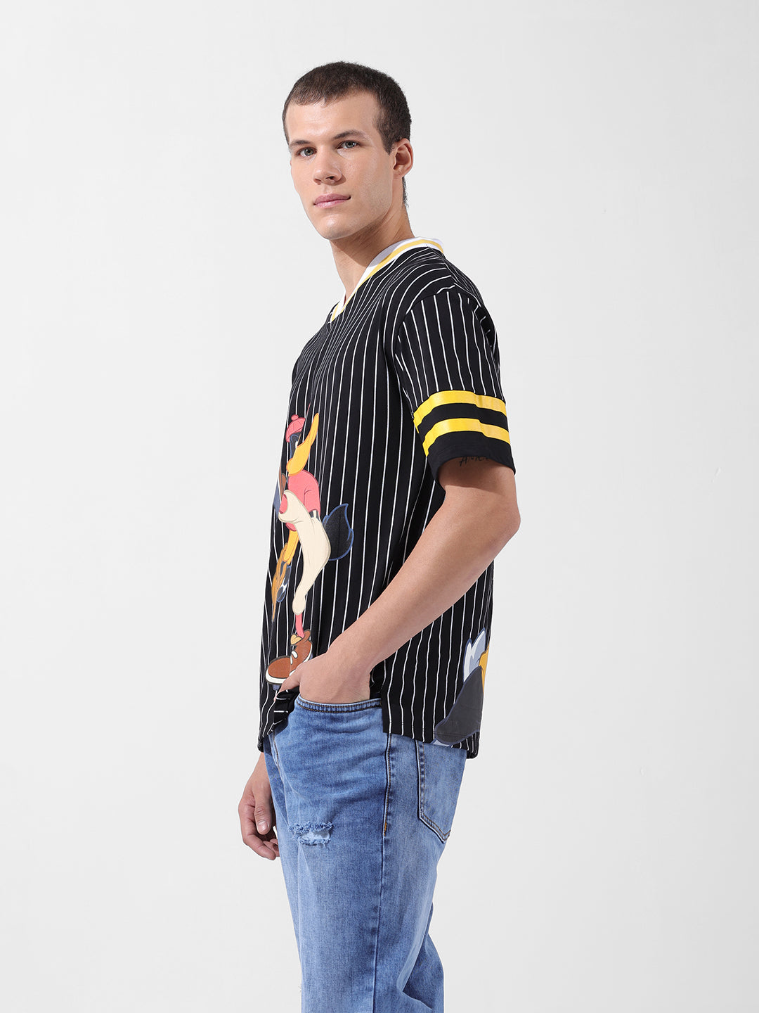 Men's Black Boxy Fit Cartoon Character Printed V-Neck T-Shirt