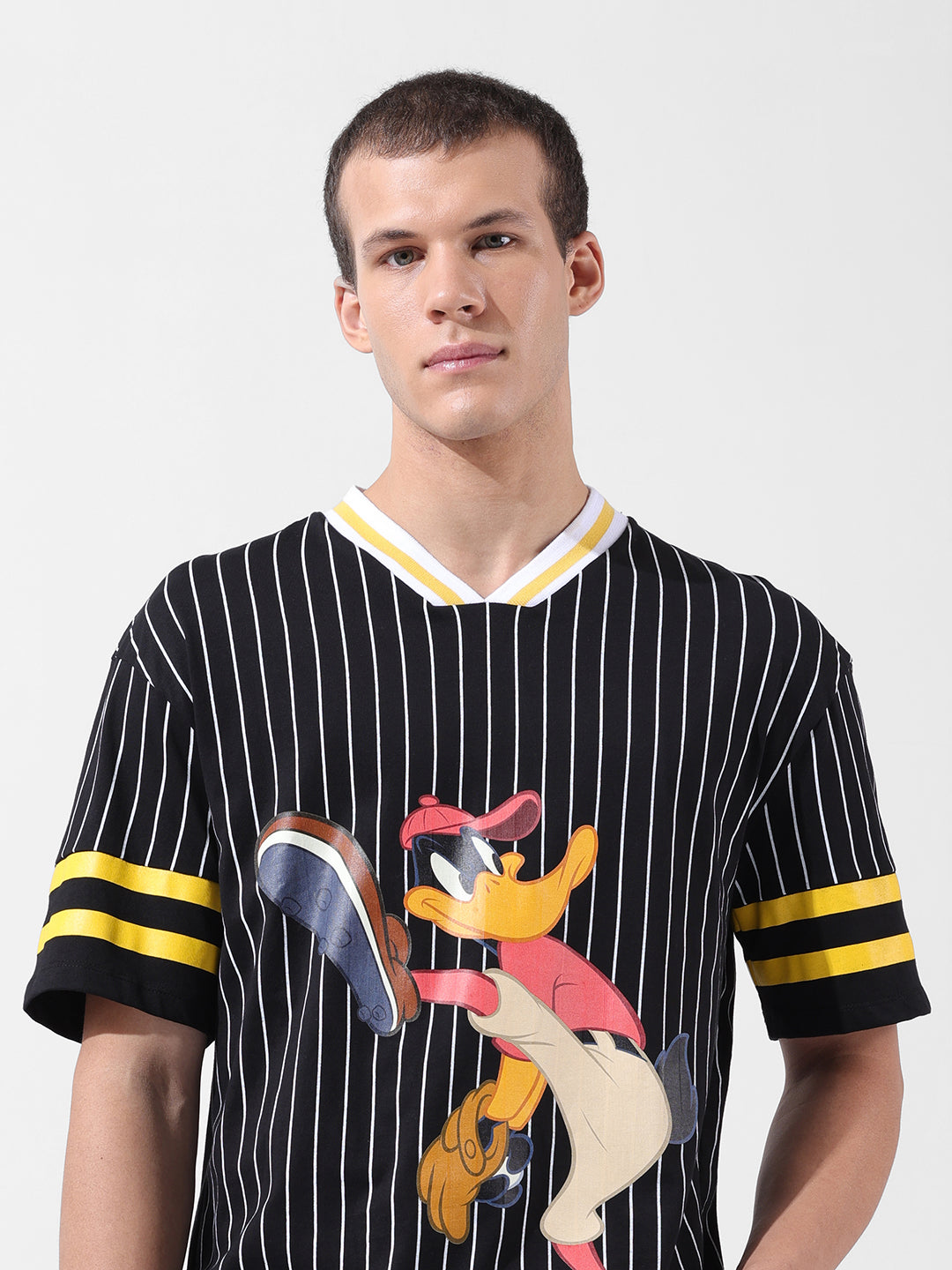 Men's Black Boxy Fit Cartoon Character Printed V-Neck T-Shirt