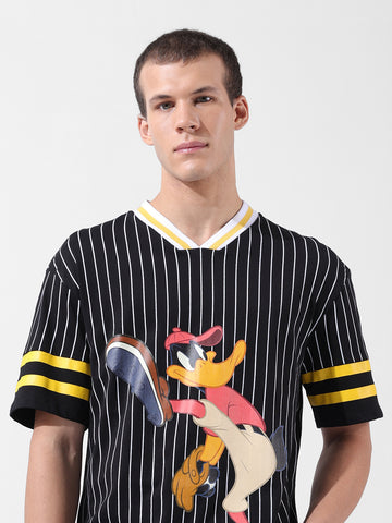 Men's Black Boxy Fit Cartoon Character Printed V-Neck T-Shirt