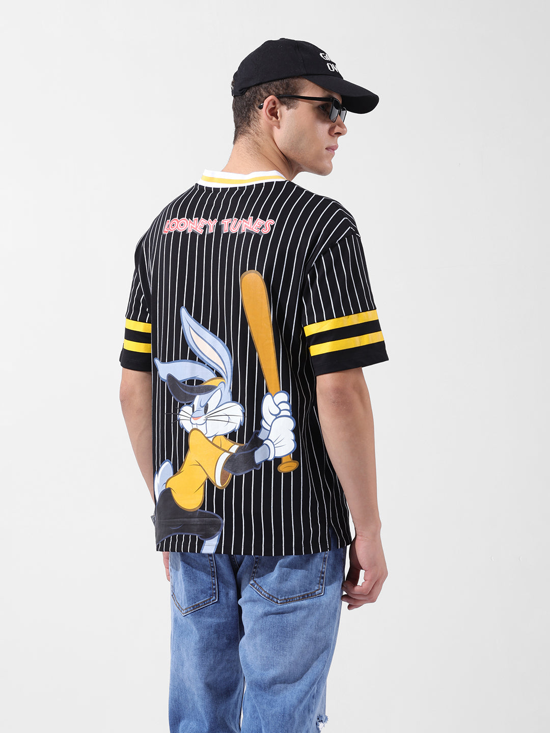 Men's Black Boxy Fit Cartoon Character Printed V-Neck T-Shirt