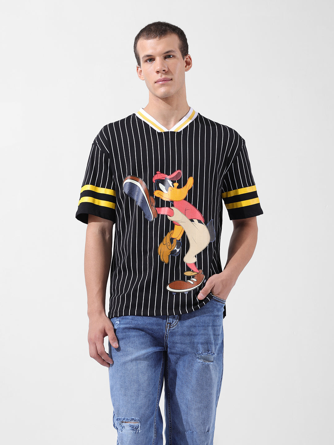 Men's Black Boxy Fit Cartoon Character Printed V-Neck T-Shirt