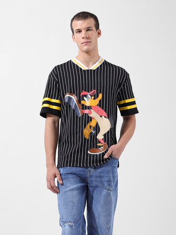 Men's Black Boxy Fit Cartoon Character Printed V-Neck T-Shirt
