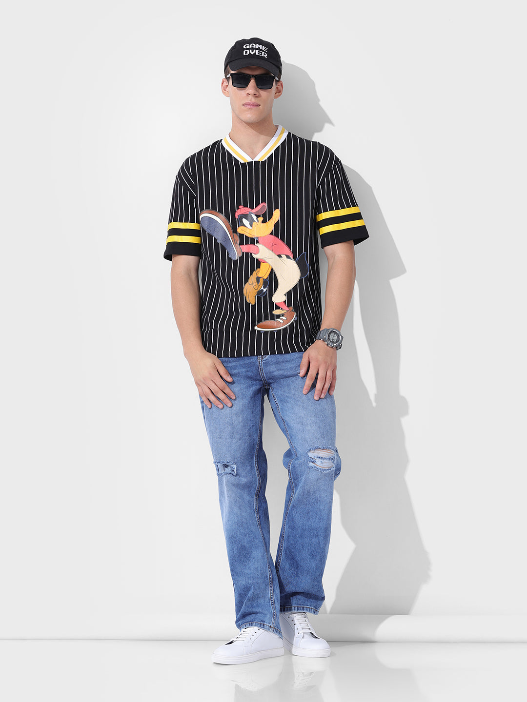 Men's Black Boxy Fit Cartoon Character Printed V-Neck T-Shirt