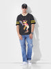 Men's Black Boxy Fit Cartoon Character Printed V-Neck T-Shirt