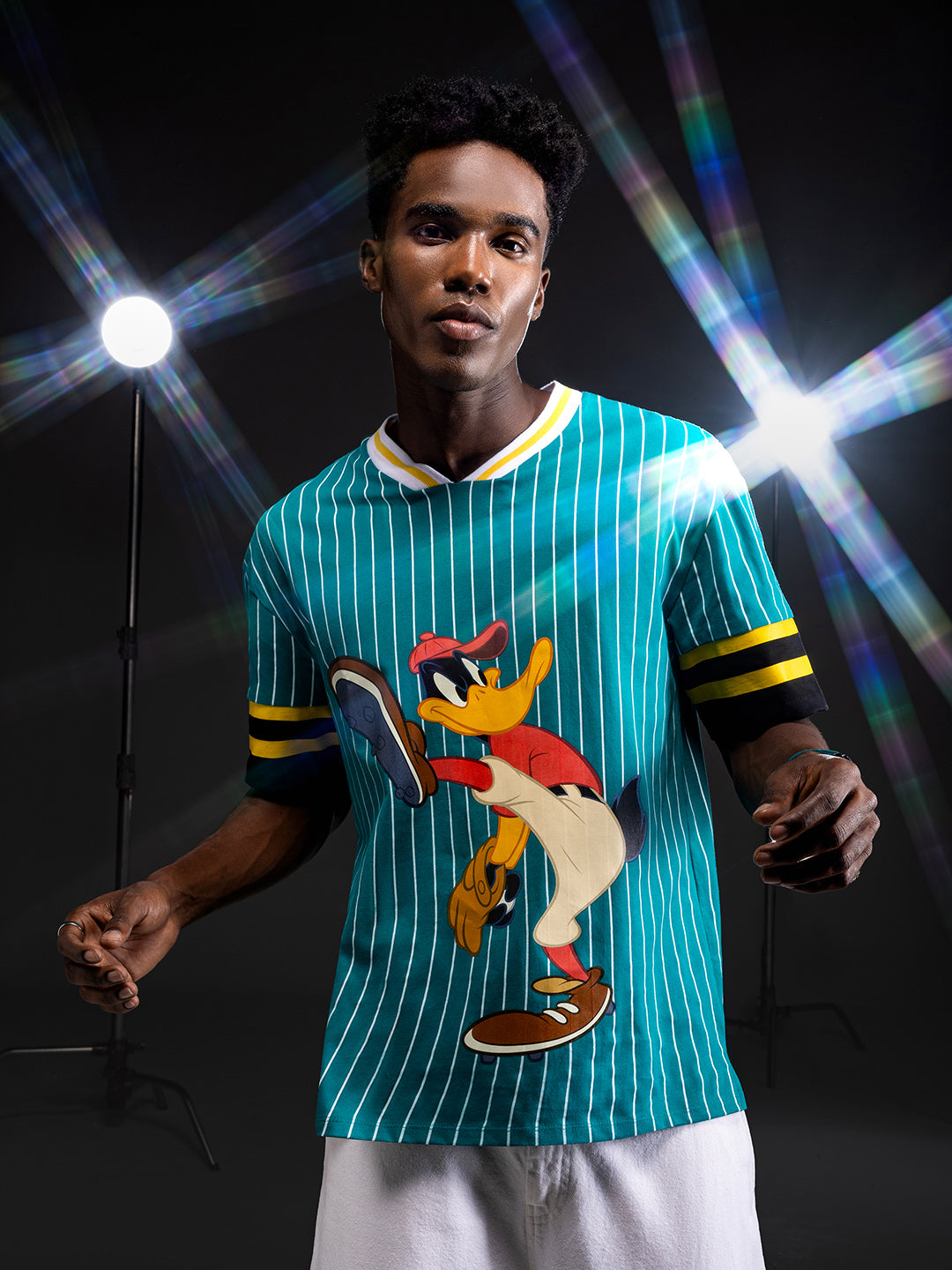 Men's Green Boxy Fit Cartoon Character Printed V-Neck T-Shirt