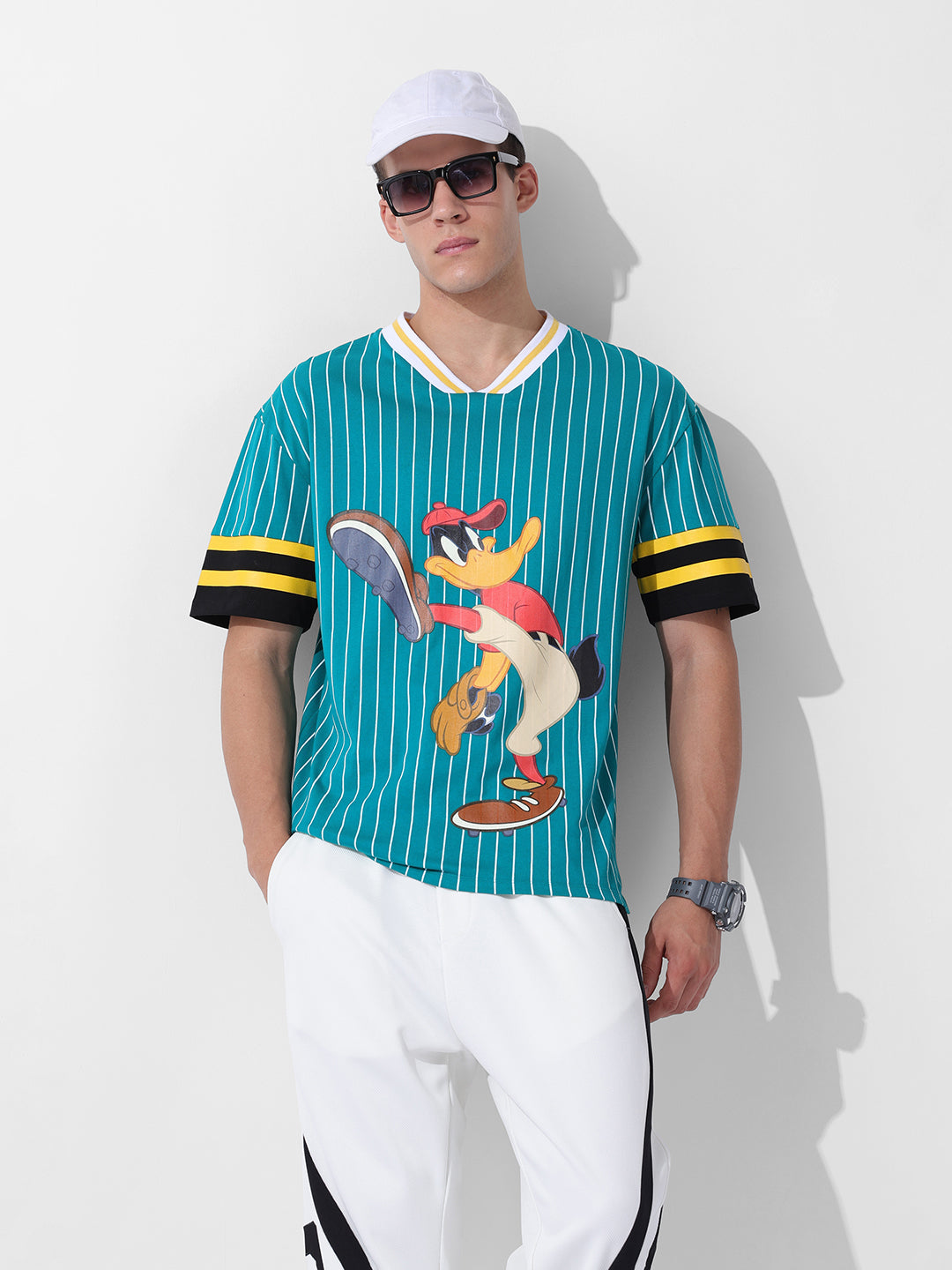 Men's Green Boxy Fit Cartoon Character Printed V-Neck T-Shirt