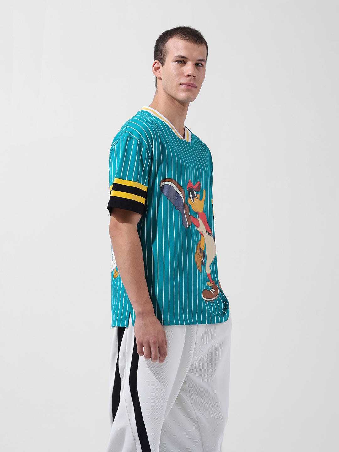 Men's Green Boxy Fit Cartoon Character Printed V-Neck T-Shirt
