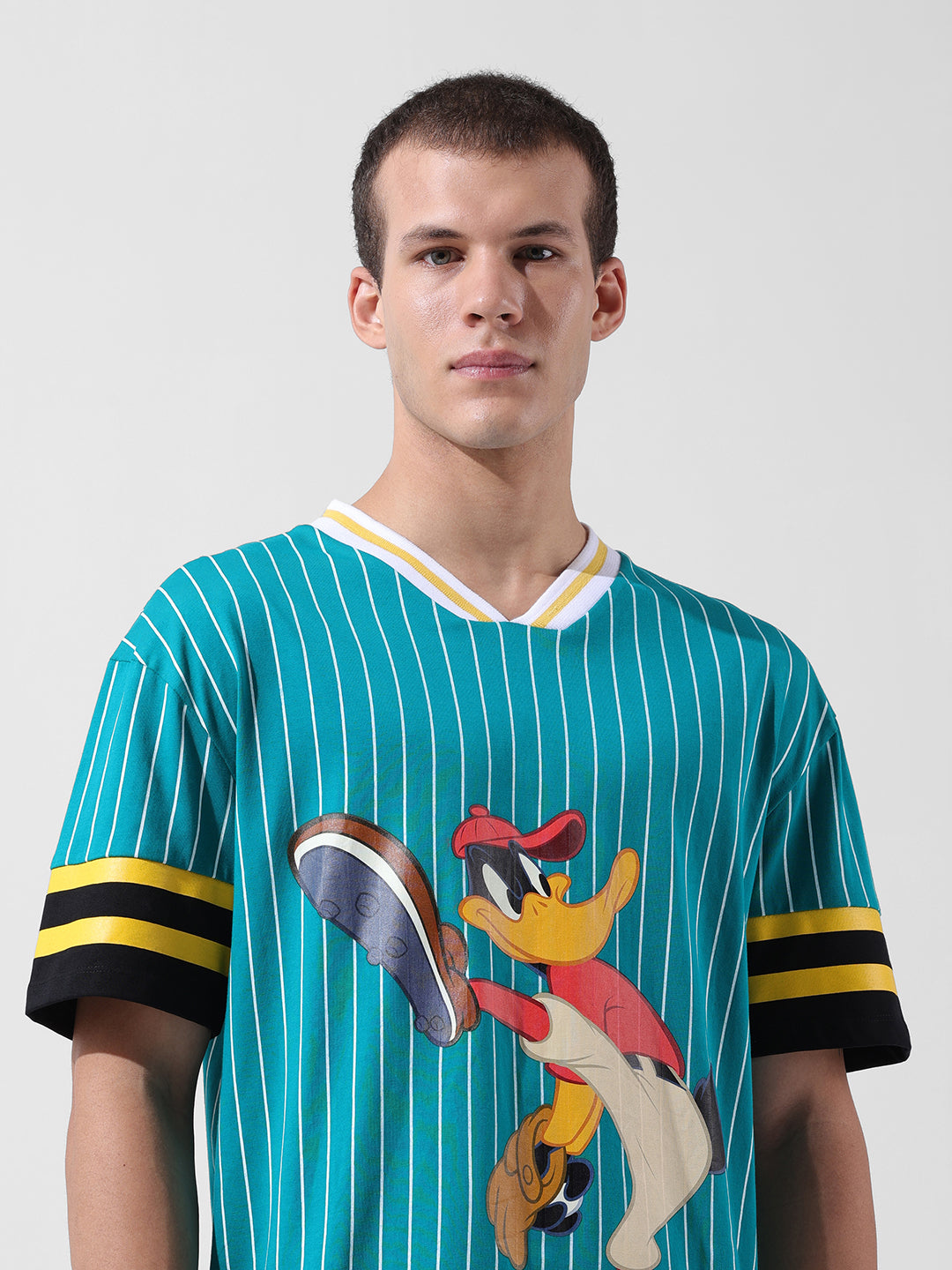 Men's Green Boxy Fit Cartoon Character Printed V-Neck T-Shirt