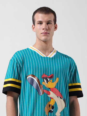 Men's Green Boxy Fit Cartoon Character Printed V-Neck T-Shirt