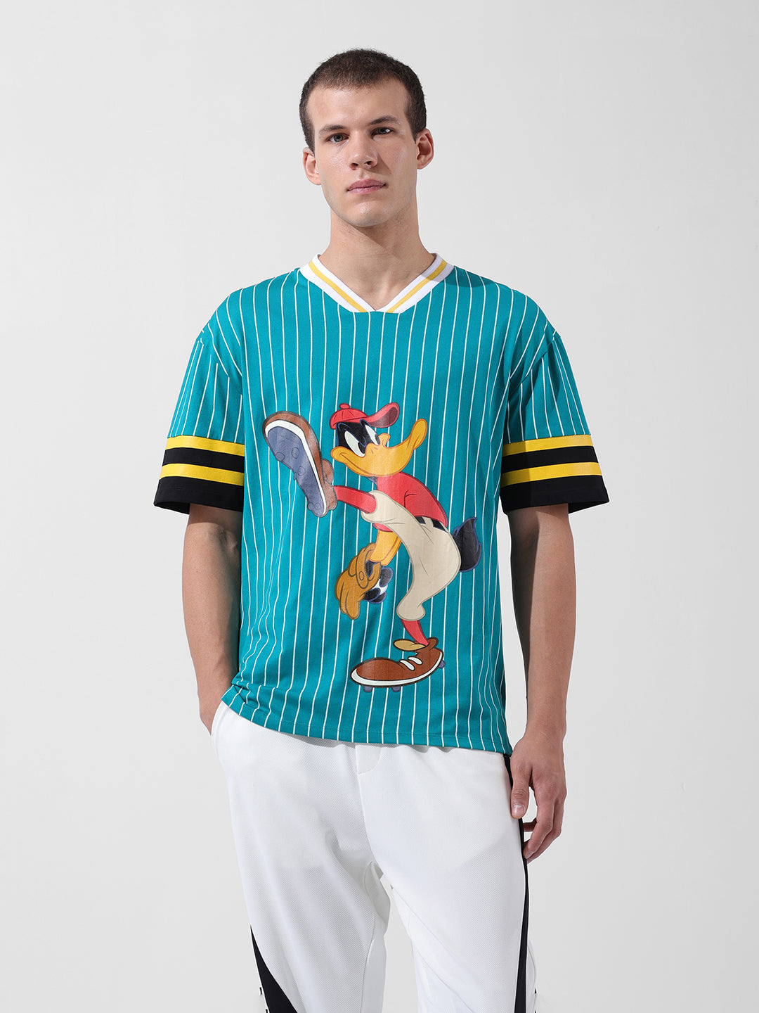 Men's Green Boxy Fit Cartoon Character Printed V-Neck T-Shirt