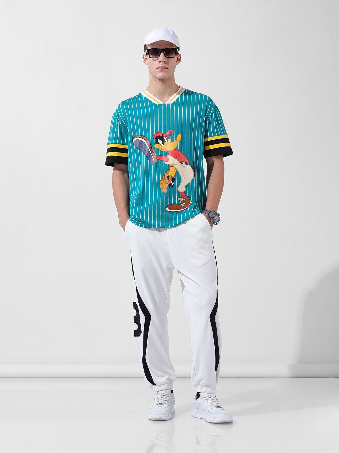 Men's Green Boxy Fit Cartoon Character Printed V-Neck T-Shirt