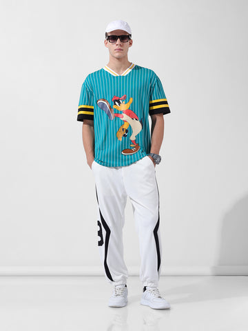 Men's Green Boxy Fit Cartoon Character Printed V-Neck T-Shirt