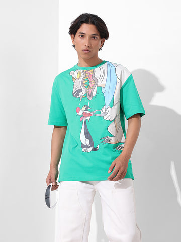 Men's Green Boxy Fit Loony Tunes Character Printed Crew Neck T-Shirt