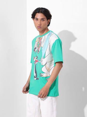 Men's Green Boxy Fit Loony Tunes Character Printed Crew Neck T-Shirt
