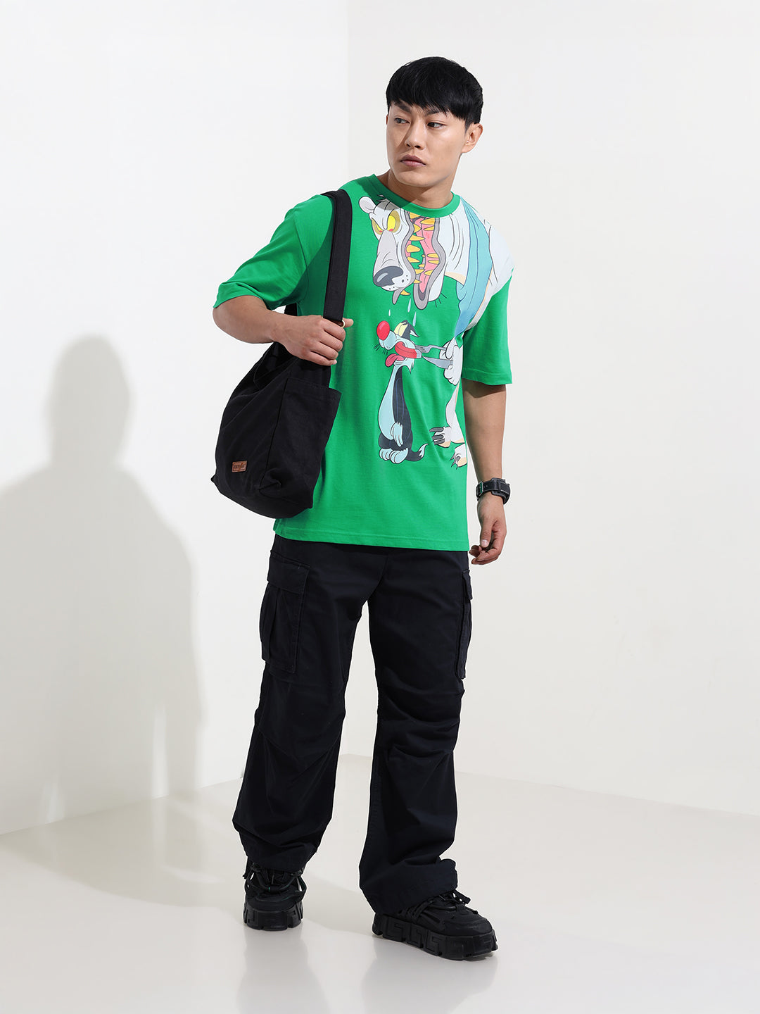 Men's Green Boxy Fit Loony Tunes Character Printed Crew Neck T-Shirt
