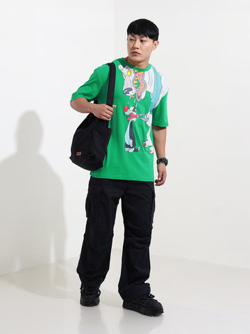 Men's Green Boxy Fit Loony Tunes Character Printed Crew Neck T-Shirt