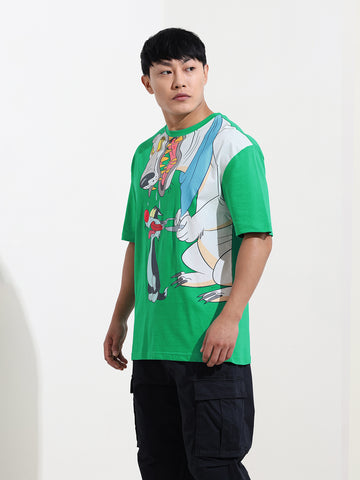 Men's Green Boxy Fit Loony Tunes Character Printed Crew Neck T-Shirt