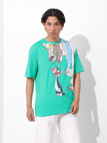 Men's Green Boxy Fit Loony Tunes Character Printed Crew Neck T-Shirt