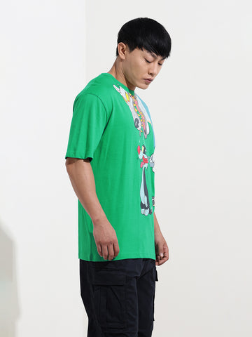 Men's Green Boxy Fit Loony Tunes Character Printed Crew Neck T-Shirt