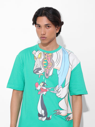 Men's Green Boxy Fit Loony Tunes Character Printed Crew Neck T-Shirt