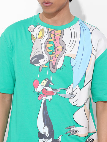 Men's Green Boxy Fit Loony Tunes Character Printed Crew Neck T-Shirt