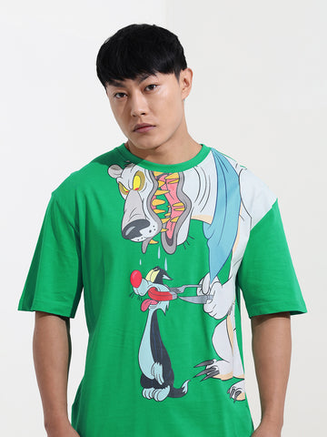 Men's Green Boxy Fit Loony Tunes Character Printed Crew Neck T-Shirt