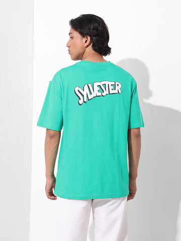 Men's Green Boxy Fit Loony Tunes Character Printed Crew Neck T-Shirt