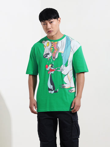 Men's Green Boxy Fit Loony Tunes Character Printed Crew Neck T-Shirt