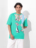 Men's Green Boxy Fit Loony Tunes Character Printed Crew Neck T-Shirt
