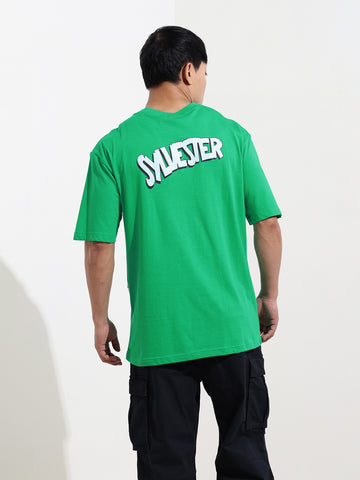 Men's Green Boxy Fit Loony Tunes Character Printed Crew Neck T-Shirt