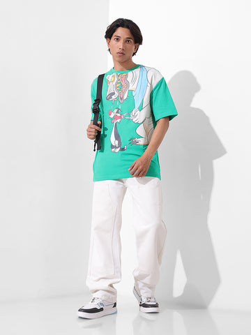 Men's Green Boxy Fit Loony Tunes Character Printed Crew Neck T-Shirt