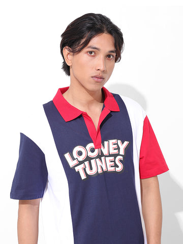 Men's Navy Blue Boxy Fit Bugs Bunny Character Printed Polo Collar T-shirt