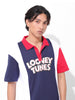 Men's Navy Blue Boxy Fit Bugs Bunny Character Printed Polo Collar T-shirt