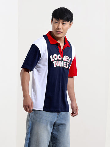 Men's Navy Blue Boxy Fit Bugs Bunny Character Printed Polo Collar T-shirt