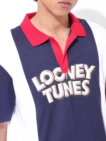 Men's Navy Blue Boxy Fit Bugs Bunny Character Printed Polo Collar T-shirt